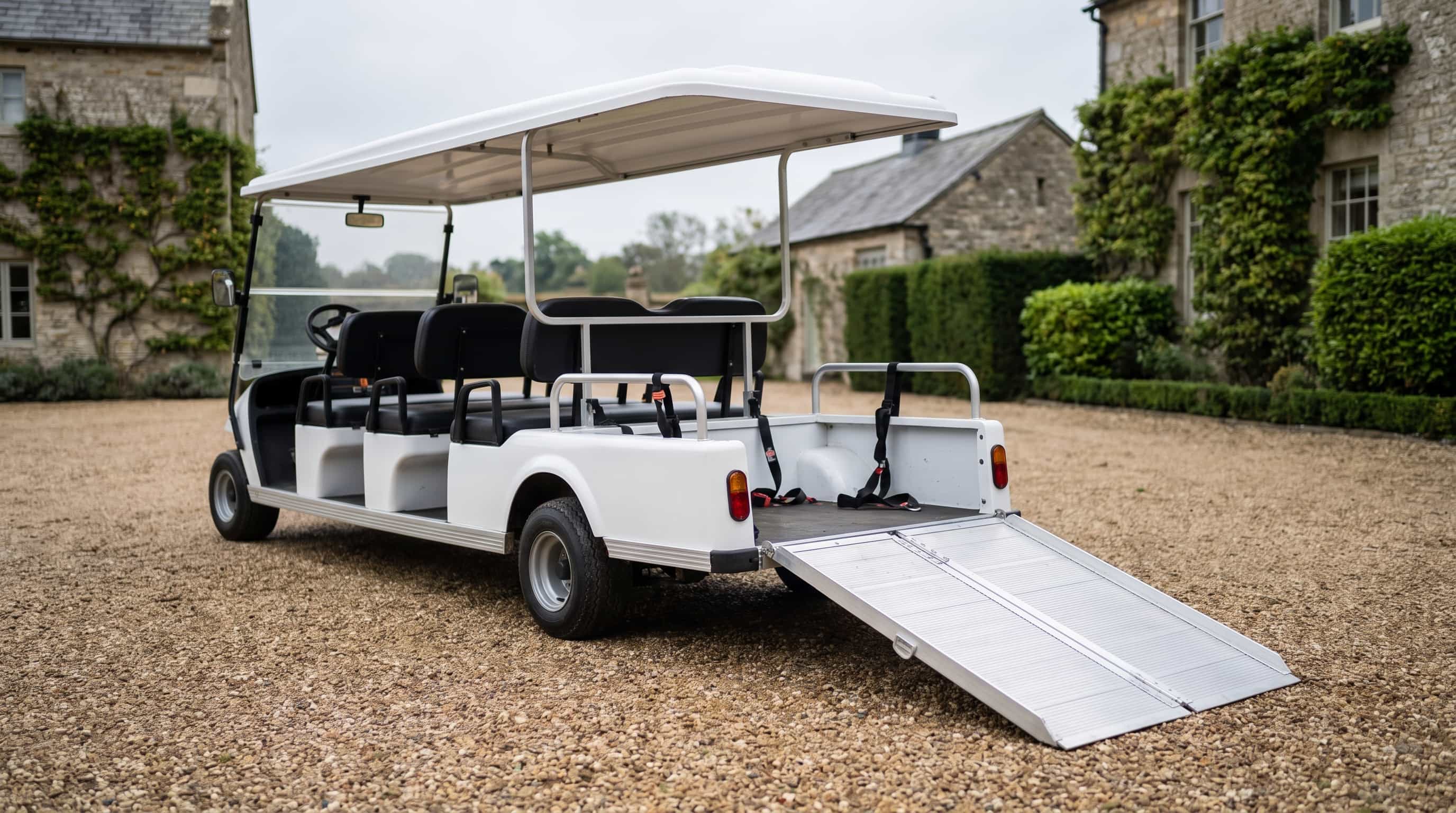 Long wheelbase white accessible buggy with a flat rear wheelchair bay and its fold-out aluminium ramp lowered to the ground